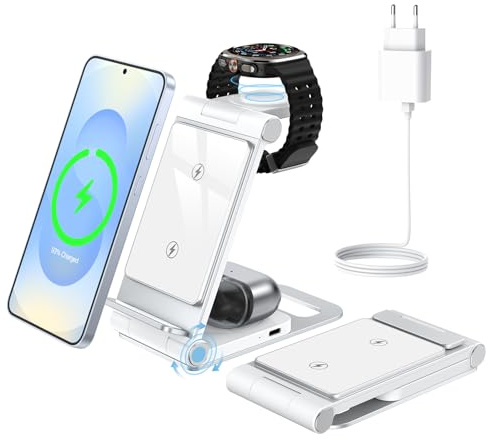 3 in 1 Trådlös Laddare Foldable Wireless Charger for Samsung S26/S25/S24/S23/S22/S21, Z Flip Z Fold 7/6/5/4, for Galaxy Watch Classic/Ultra/8/7/6/5/4/3, for Galaxy Buds Travel Stand