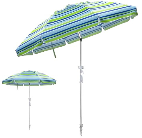 Ombrellone Da Spiaggia Da 220 CM, Con Ancoraggio Per Sabbia,Portatile, Anti UV Parasole Inclinabile Per Giardino, Terrazza,All'aperto (Green Stripes,2.2m/7.2ft)