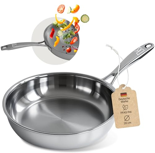 Kayzar Profi Edelstahlpfanne 28 cm - Bratpfanne unbeschichtet & PFOA-frei, Premium 3-lagiger Boden (3,5 mm) für gleichmäßige Wärmeverteilung & natürliche Antihaftwirkung, Induktion