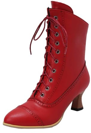 2026 Botines Mujer Botines británicos con cordones con copas de vino Botines cortos grandes para mujer de color sólido con redondo, rojo, 39 EU