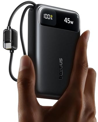 Baseus FC11 Powerbank 45W 20000mAh con 2 cavi USB-C Integrati, Mini Power Bank Ricarica Rapida con Certificato CCC, Caricatore Portatile per iPhone 17/16/15 Pro Max, Samsung Galaxy S25/S24, iPad, Nero