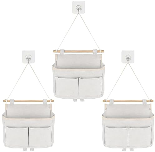 CATELL 3 Stück Hängeorganizer Hängende Aufbewahrungstasche 3 Fächer Tür Organizer Leinen Hohe Kapazität Hängeaufbewahrung Beige Organizer Hängend mit 3 Haken hängeorganizer tür für Büro Zuhause Bad