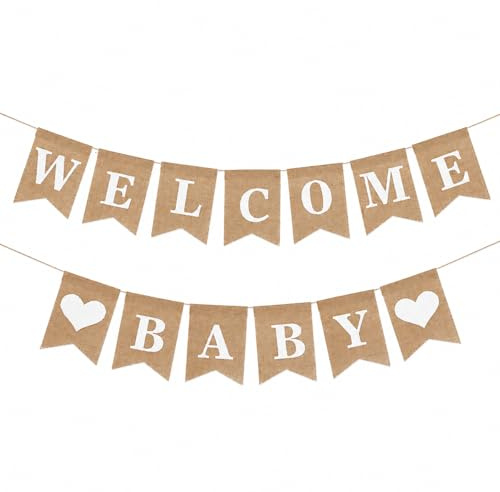 JJUNW Välkommen babyskylt, säckväv vintage välkommen baby banderoll, babyshower banner tillkännagivande skyltar rustik förspänd dusch för pojke och flicka förtjusande Bautizo-dekorationer