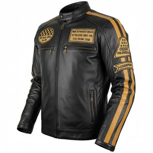 MDM Herren Motorrad- Retro Lederjacke aus echtem Rinds Leder, schwarz, Braune Racing Streifen (Gr. L)