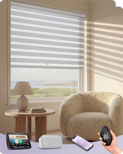 Graywind Motorized Blinds with Remote, Smart Zebra Shades for Windows, Roller Blinds Compatible with Alexa, Apple Homekit, Google Home, Custom Size, Classic - White