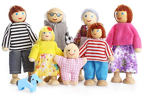 PUCKWAY Lovely Happy Family Dolls Playset Wooden Figures Set of 7 People with Dog for Kids Children Toddlers Dollhouse Pretend Gift