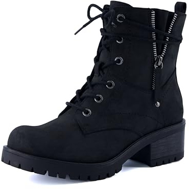 Dunes Kobe Womens Combat Boots – Stylish Lace-Up Design with Side Zipper, Durable Lug Sole, and Block Heel + Memory Foam, Faux Fur Lining, BLACK, 8.5