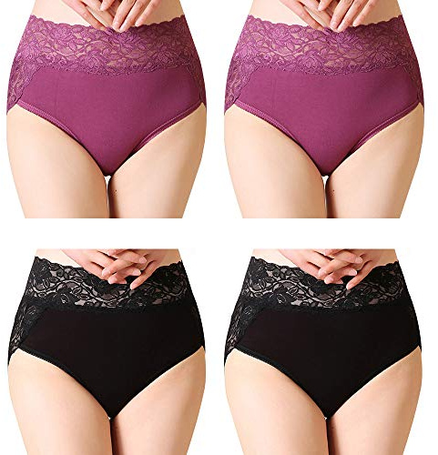 Serecofo Lot de 4 Culottes Slips Femme en Coton Grande Taille Disponible 36-52 Dentelle Taille Haute Lingerie sous-Vêtement Femme Elastique