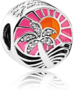 FGT Sunset Palm Tree Charm fits Pandora Moments Bracelets Sterling Silver Family Birthday Crystal Clear CZ
