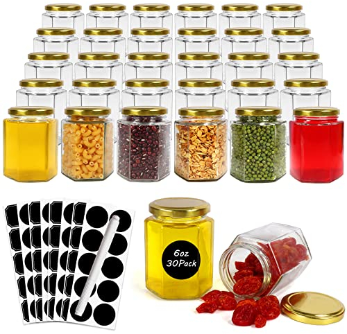 Betrome 30 Pack 6oz Hexagon Glass Jars With Gold Lids, 180ml Clear Canning Mason Jars for Honey, Spice, Jams, Shower and Wedding Favors, Craft - 1 Pen and Labels Included