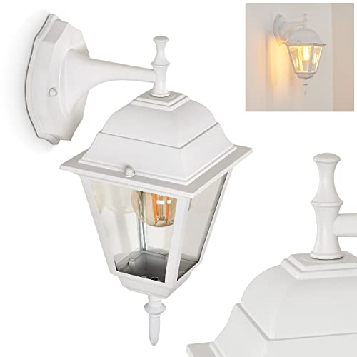 Applique extérieure Naofe vers le bas, lampe murale classique en métal/verre en blanc, lampe d'extérieur à 1 flamme avec vitres en verre véritable pour entrée/cour/terrasse, E27, IP44, sans ampoules