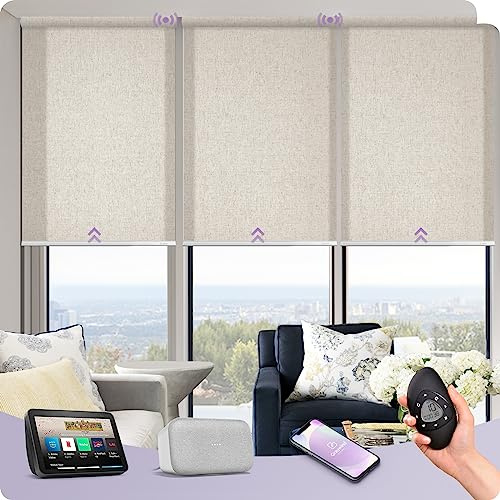 Graywind Smart Semi-Sheer Blinds - UV Protection & Textured Fabric, Cordless Motorised Electric for Alexa Google, Light Filtering for Windows, Rechargeable, Customised, Remote Control, Linen Beige