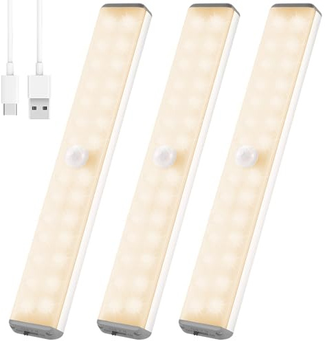 Wireless Under Cupboard Light with 28 LED Motion Sensor - Warm White 3000K Type-C Rechargeable, Magnetic Strips & Adhesive Pads for Kitchen, Wardrobe, Stairs, Hallway | Long Lasting Battery, No Tools