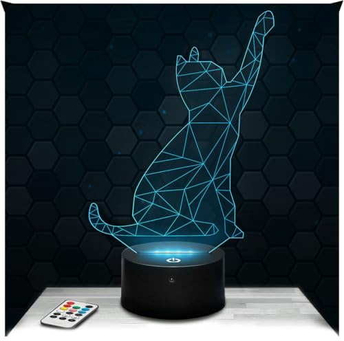 Lampephoto.fr - Lampe Geometrische Katzenfigur 3D Nachtlicht Tier | Made in France, Sockel wählbar, dimmbar, Batterie/USB, HD-Lasergravur, Geschenk für Kinder