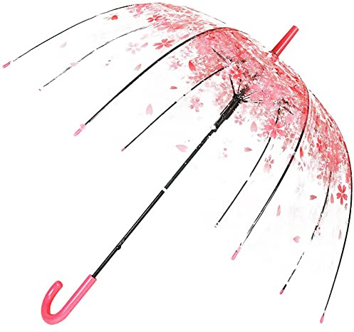 Cherry Blossoms Clear Umbrella,Clear J Hook Handle Stick Umbrella,Dome Auto Open Windproof Umbrella for Kids Girls & Boys & Women, PINK