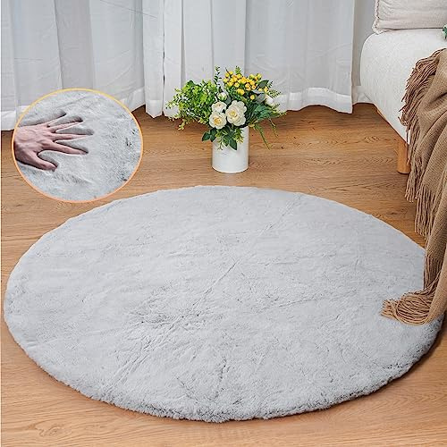 ORINOVA Runder Teppich Grau Flauschig Fellteppich 90 cm Kunstfell Teppich Schlafzimmer Rund Wohnzimmer Waschbar Bettvorleger