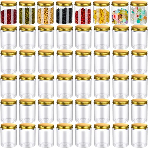 Aoriher 48 Pcs 8oz Plastic Mason Jars with Lids Round Clear Plastic Jars Containers Refillable Small Empty Storage Containers Food Canisters for Kitchen Storage(Gold)