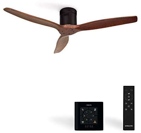 CREATE / WINDCALM M/Deckenventilator ABS Schwarz Dunkelholzflügel-Optik mit Fernbedienung und Wandschalter / 40W, Leise, Ø132cm, Timer von 1 bis 4 Std., DC-Motor, Sommer-Winterbetrieb