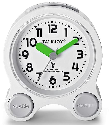 TalkJoy Sprechender Funkwecker, Lauter Wecker, Zeitansage auf Deutsch, Datum & 5 Weckzeiten, Große Zahlen, mit Beleuchtung, Seniorenwecker, Ideal für Blinde, Sehbehinderte & Hörgeschädigte, Weiß