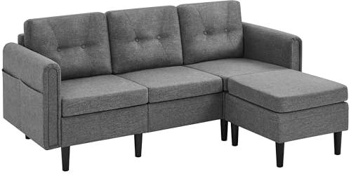 Yaheetech Ecksofa 3-Sitzer Sofa mit Polsterhocker aus Leinenstoff Eckcouch in L-Form Rechts/Links fürs Wohnzimmer/Schlafzimmer/Wohnung, Hellgrau