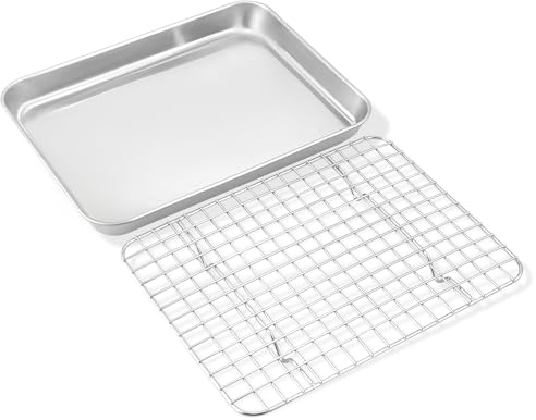 Backblech mit Abkühlgitter, Onader Edelstahl klein Rechteckig Backform Ofenblech mit Kuchengitter Set, 26,4x20,4x2,5cm, Langlebig & Spülmaschinenfest