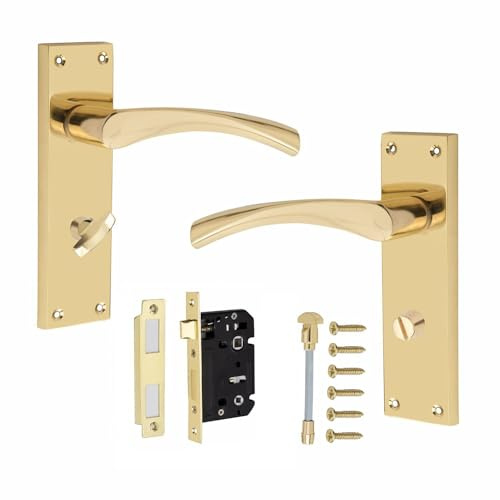 Golden Grace Victorian Scroll Astrid Door Handles Bathroom WC Toilet Complete in Gold Polished Brass Finish with (GG) 64mm Bathroom Mortise Lock - 150mm x 40mm Backplate