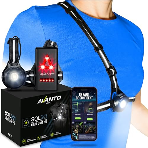 AVANTO SOLX1 Pro Chest Light for Running & Night Walking | Running Headlamp Flashlight Performance | USB-C Charge | Adjustable Beam | Reflective Safety Harness in Black