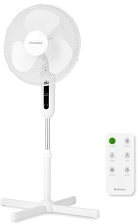 Holmes 16 Digital Stand Fan 3 Speeds 3 Modes 80° Oscillation 30° Head Tilt 7.5-Hour Timer Adjustable Height Remote Control for Home or Office White