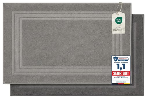 Komfortec - Set di 2 Tappetini da Bagno, Tappetini in Spugna per Doccia, Lavabili, Assorbenti e a Rapida Asciugatura – 600 g/m², 100% Cotone, 50x70 cm, Antracite&Argento