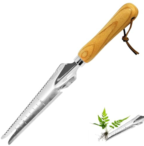 Hand Unkrautstecher, Löwenzahnwurzelentferner mit Messtiefenmarkierung - Neue Gartenkelle zum Umgraben, Umpflanzen, Ergonomischer Holzgriff, Edelstahl Profi-Gartenwerkzeug (Handjäter)