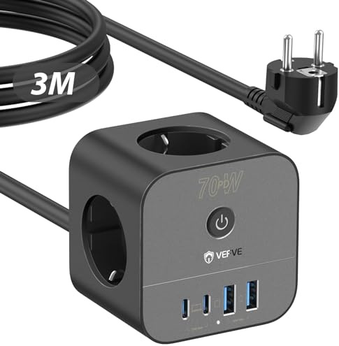 VEFVE 70W USB-C Ladegerät, 7-in-1 Steckdosenwürfel mit Schalter, Mehrfachsteckdose 3m mit USB-Schnellladung, kompatibel mit iPhone 17/Pro/Pro Max/16/15, MacBook Air, iPad, Pixel, Galaxy, Laptop
