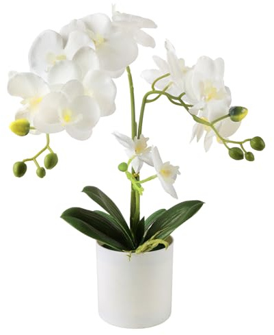 Lovmeety Fiori di Orchidea Artificiali in Vaso, Pianta di Fiori di Orchidea Finta Bianca dal Tocco Realistico Fiori di Orchidea Phalaenopsis Finti in Vaso per Interni Scrivania Ufficio Casa Matrimonio