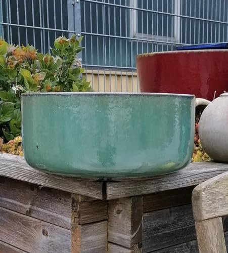 Generisch NEU !! Schöne winterfeste Pflanzschale ø 38 cm aus Steinzug grün glasiert Pflanztopf Blumentopf Übertopf Garten Deko