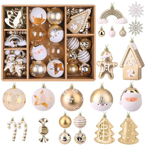 Alupssuc 65 Stück Weihnachtskugeln Weihnachtsdeko Set, 4-14 cm Bruchsichere Plastik Weihnachtsbaum Kugeln, für Weihnachten, Feiertage Partys Weihnachtsschmuck mit Aufhängeschnüren, Weiße Gold