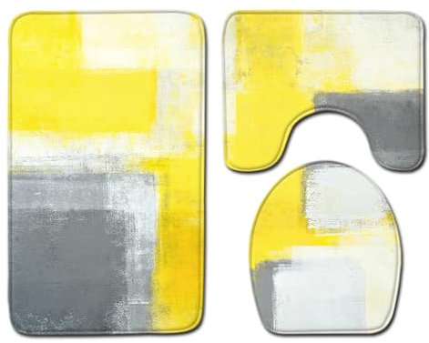 Bad Teppiche Set 3-Teiliges Retro Gelb Grau WC Vorleger Mit Ausschnitt Badematte Saugfähig WC Deckelbezug Badvorleger rutschfest Waschbar Toilettensitzbezug Badgarnitur (50x80cm)