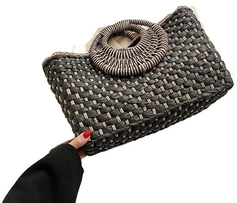 Korbtaschen Damen Boho Stroh Tasche Frauen Sommer Handtasche Halbmond Form Rattan Gewebt Shopper Tasche Große Kapazität Strand Tasche Urlaub Einkaufstasche weibliche Basttaschen Damen Sommer(Black str