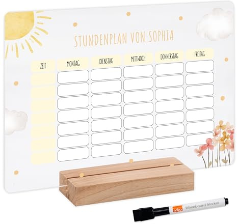 Bärenfreunde - Personalisierbarer & Abwaschbarer Stundenplan aus Acryl + Stift, Holzhalter - Einschulung Geschenk, Schultüte zum Schulanfang oder Grundschule (Blumen Sonne,ohne Holzhalter)