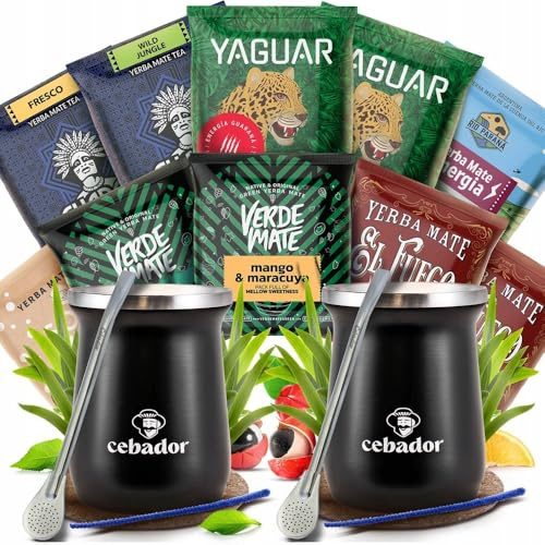Kit yerba maté 10x50g et accessoires couple 2 TermoMate PRO bombillas | Lot 10 échantillons yerba maté 50g avec 2 gobelets isothermes 250ml, 2 bombillas, 2 sous-verres et 2 goupillons
