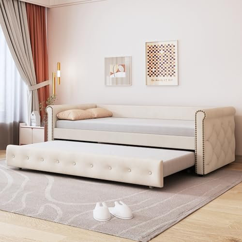 Ymkua Polsterbett Schlafsofa Sofabett 90x200 cm, Kinderbett Doppelbett Tagesbett mit Rollbett, Jugendbett Bett mit Lattenrost, Gästebett Wohnzimmer Schlafzimmer, Samt, Ohne Matratze (Beige2)