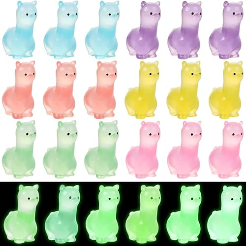 UHOMENY 18pcs Luminous Resin Tiny Alpaca Statue Cute Mini Alpaca Figures Colorful Glowing Resin Animals with 6 Colors for Aquarium Garden Landscape Christmas Birthday Party