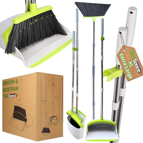 ToolSpace XL Besen und Kehrschaufel Set Grün Schaufel und Besen Kit mit Langem Griff Kehrmaschine Kehrgarnitur Combo für Haus Büro Garage Küche Aufrechter Kehrset mit Kamm Broom Dustpan Bodenreinigung