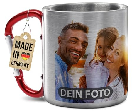 Tassendruck Personalisierte Karabiner Edelstahlbecher - mit Foto und Name selbst gestalten - Geschenk für Camper, Geburtstagsgeschenk für Wanderer - Edelstahltasse mit Karabinerhenkel rot, 200 ml