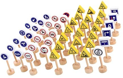 INOOMP Jouet De Signalisation Routière en Bois pour Garçon Et Filles, Set De 50 Panneaux Doubles Faces, Taille Adaptée, Éducatif, Apprentissage des Panneaux De Signalisation pour Jeu D'éveil