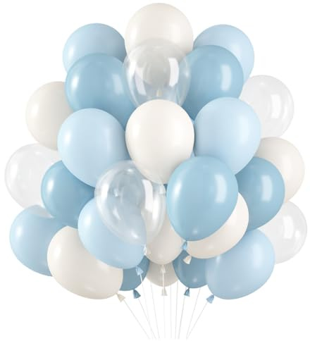 Luftballons Blau Weiss 60 Stück, Blaue Luftballons Hellblau Helium Ballons, Weiss Blau Latex Ballons, Luftballons Blau Weiß für Jungen Geburtstag Babyparty Taufe Baby Shower Hochzeit Party Dekoration