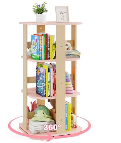COSTWAY Kinder Bücherregal 360° drehbar, 3-stöckiges Spielzeugregal mit 12 Fächern, freistehendes Eck-Bücherregal rosa, Kinderbücherregal für Kinderzimmer, Kindergarten 48 x 48 x 95,5 cm