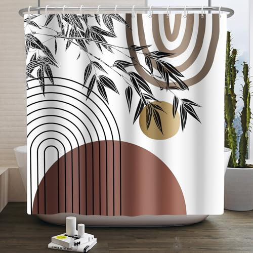 Kzzfqxb 152x183cm Cortinas de Ducha con Ganchos de plástico, patrón de Arcos Sol marrón Hojas de bambú Estilo Bohemio Moderno, Impermeable ocluida para bañera, Tela de poliéster estético para baño