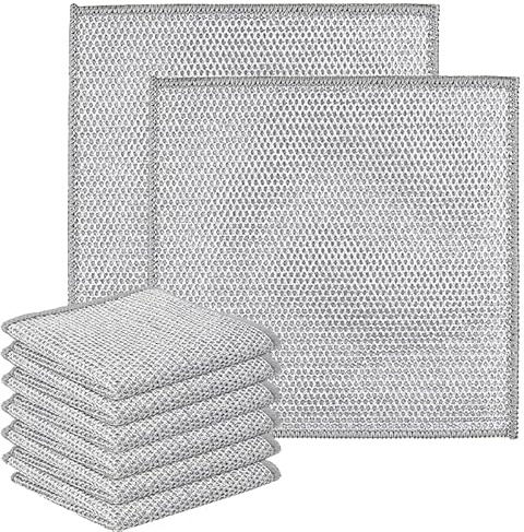 Azlanway Lot de 8 chiffons à récurer réutilisables et anti-rayures pour casseroles et poêles, poêles et plus encore - Double épaisseur argentée - 20 x 20 cm