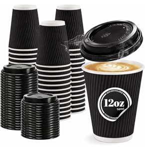 100 x 12oz Black Disposable Ripple Coffee Cups with Lids – Kraft Triple Wall Insulated Takeaway Cups for Hot & Cold Drinks – Leak-Resistant Paper Cups for Coffee, Tea & Catering Use