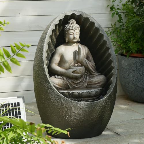 Bumilgar Solar Buddha Springbrunnen mit LED-Lotus-Funktion für Zen-Meditation – Innen- und Außendekoration (Wohnbereich，Büro，Garten, Terrasse, Wohnzimmer) – 40x32.5x27cm Brown