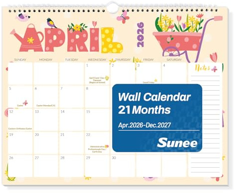 SUNEE Wall Calendar 2026-2027- 21 Months Apr.2026 - Dec. 2027, 14.5x11.5 Big Grid Hanging Calendar 2026 with Note for Organizing & Planning, 2026 Wall Calendar with Note, Cute